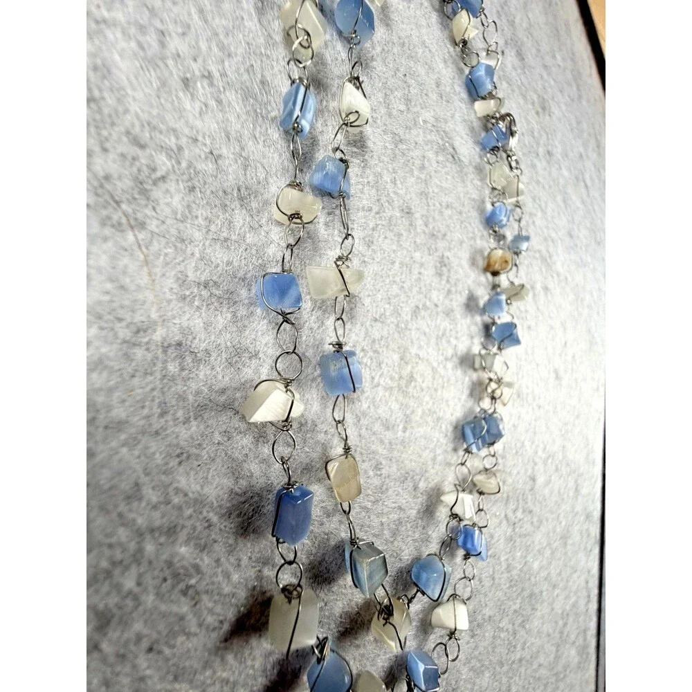 Vintage Y2K Blue Ivory Cats Eye Glass Bead Necklace Double Strand Wire Wrapped